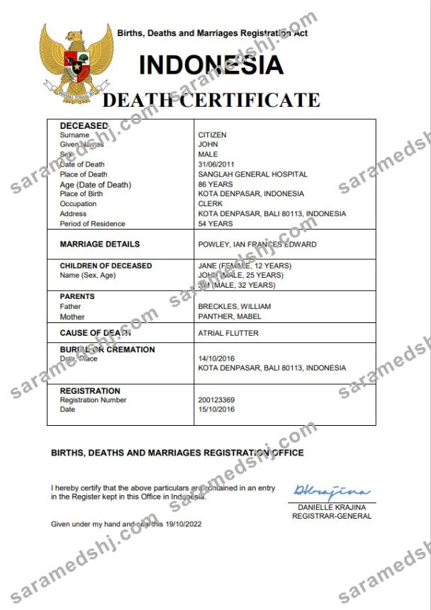 Indonesia vital record death certificate Word and PDF template